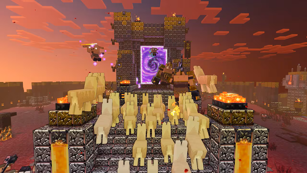 A horde of llamas in front of a Nether portal with piglins coming out of it