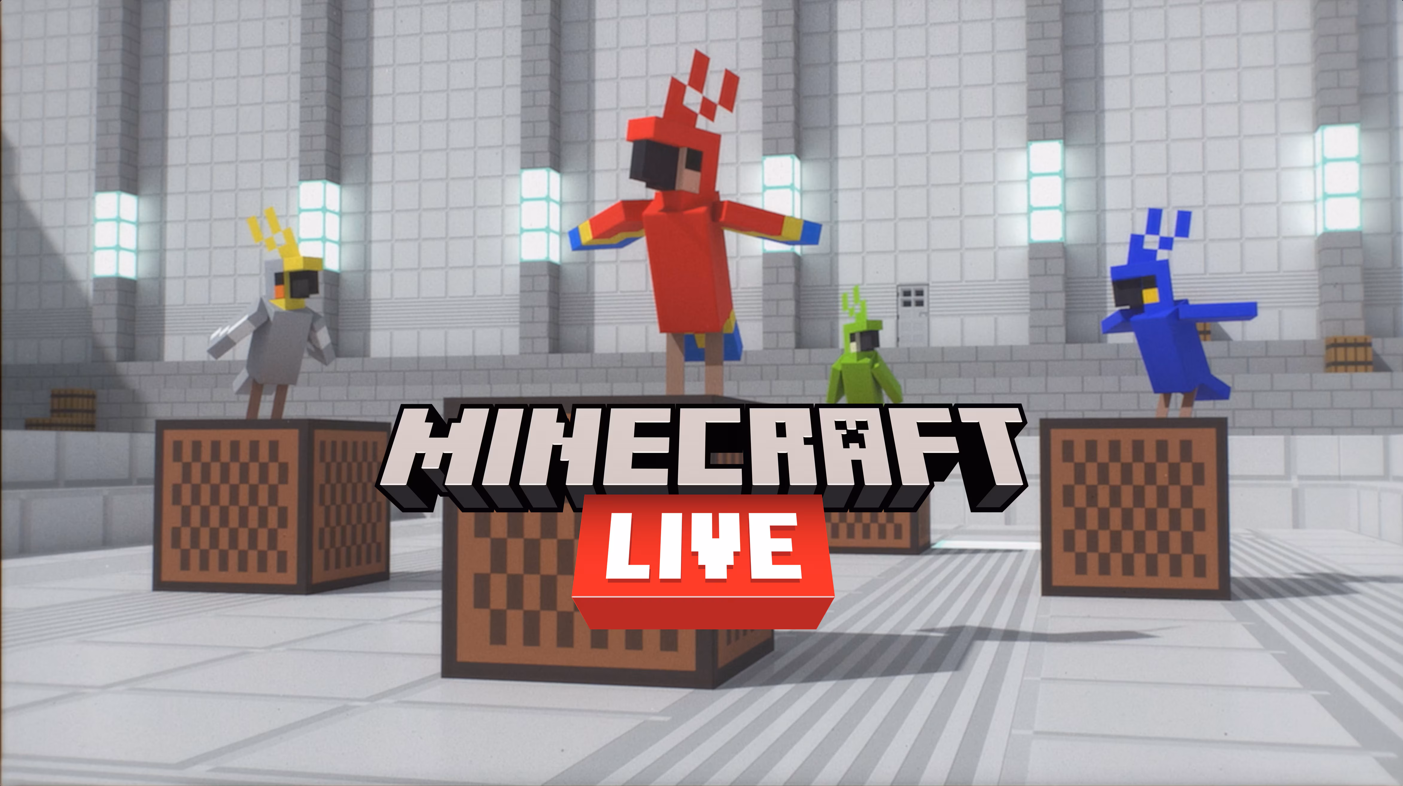 4  parrots standing on note blocks