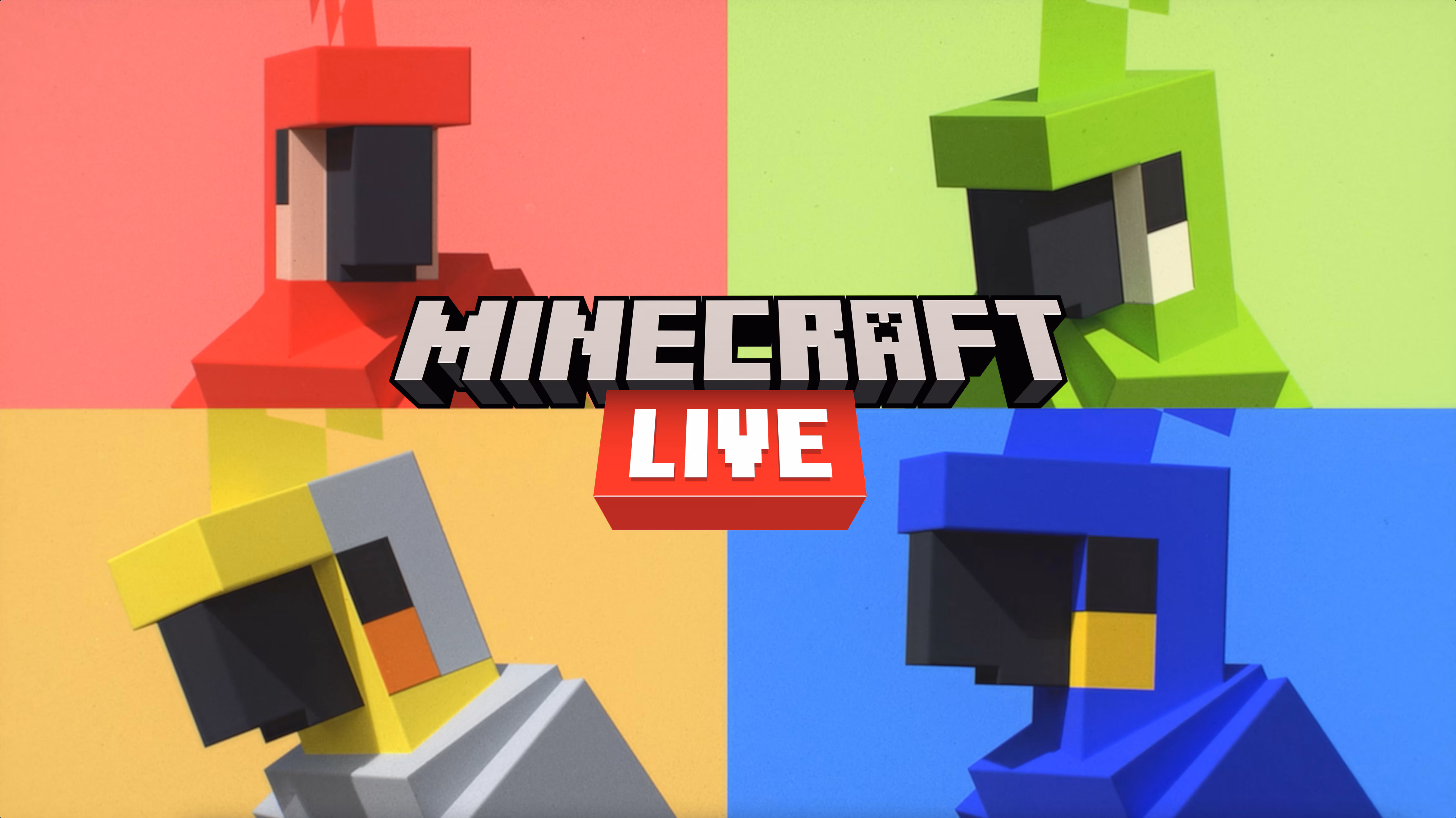 Four differenly colored Minecraft parrots