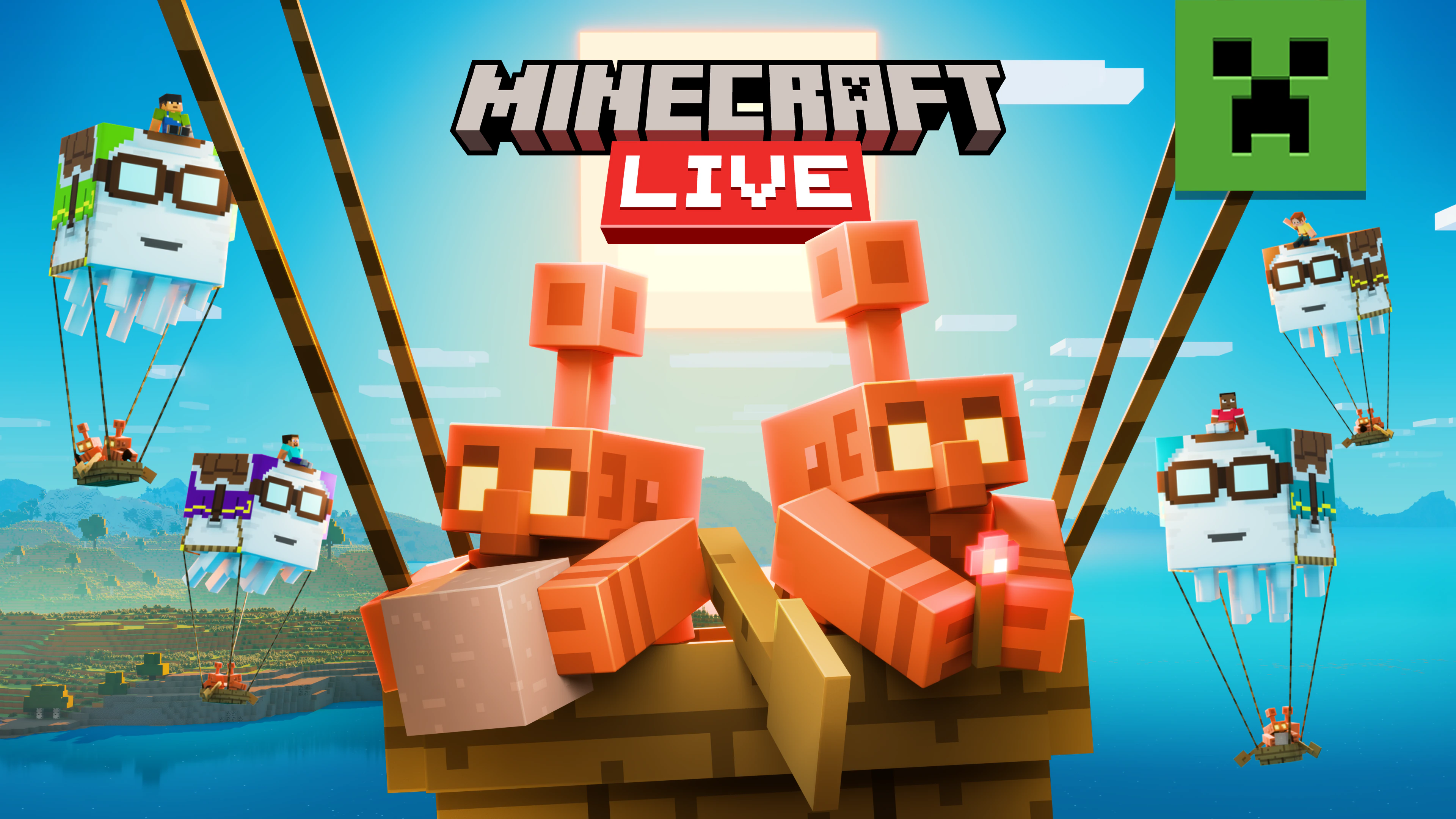 Two copper golems looking in different directions, with a blue sky and four ghasts behind them.