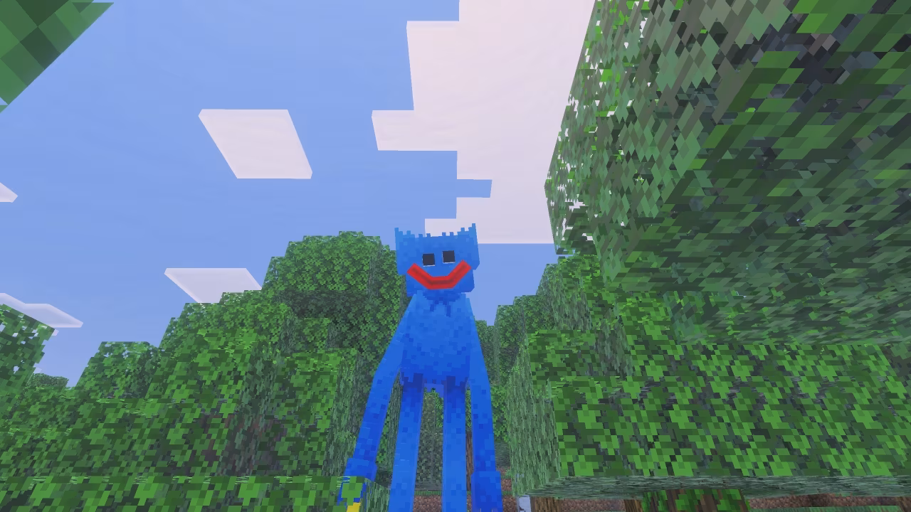 A tall blue creature with long limbs stands between dense green trees under a bright sky