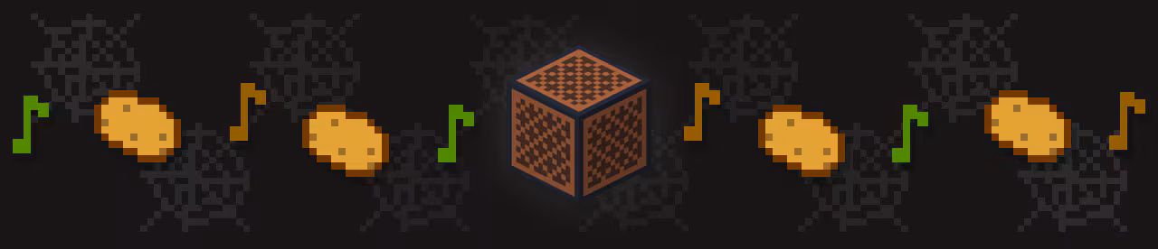 A row of musical notes and potatoes with a note block in the middle on a black background with dark cob webs