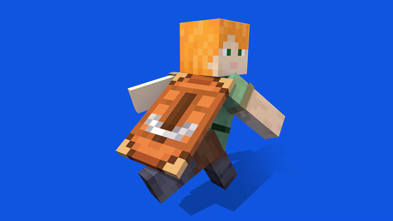 An image of Alex wearing the Builder cape on a blue background. The cape features a pickaxe design.