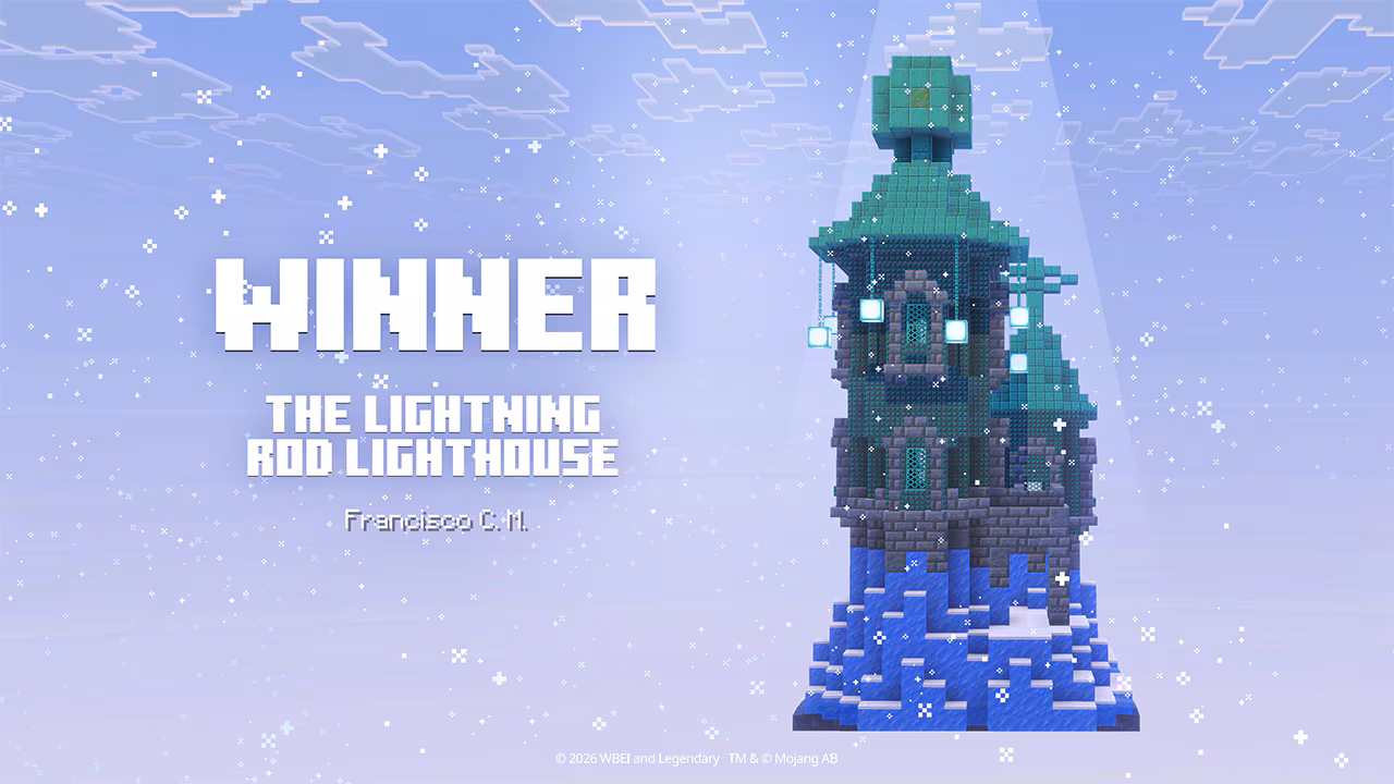 A Minecraft lighthouse built on an icy peak stands in falling snow beside text announcing the build challenge winner, The Lightning Rod Lighthouse.