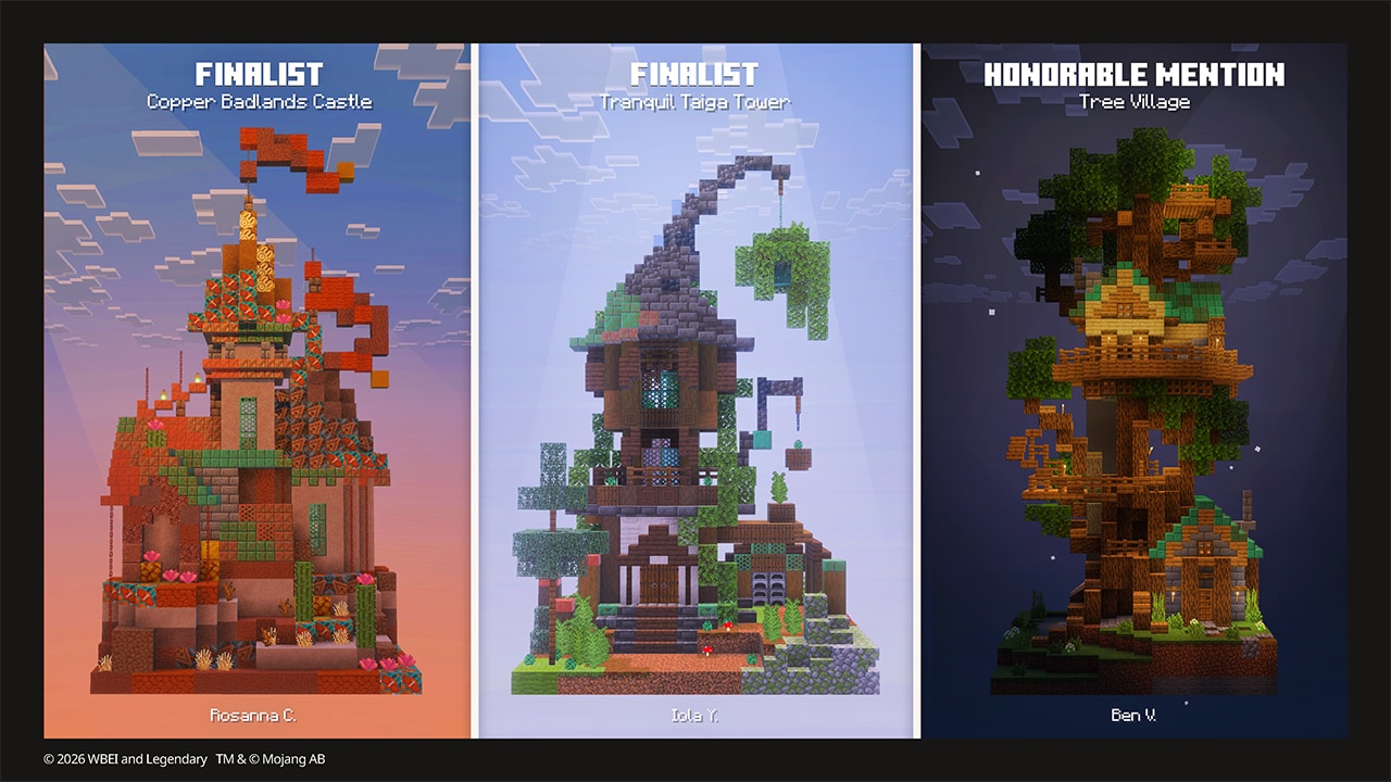 Three Minecraft build challenge entries are showcased: Copper Badlands Castle, Tranquil Taiga Tower, and Tree Village.