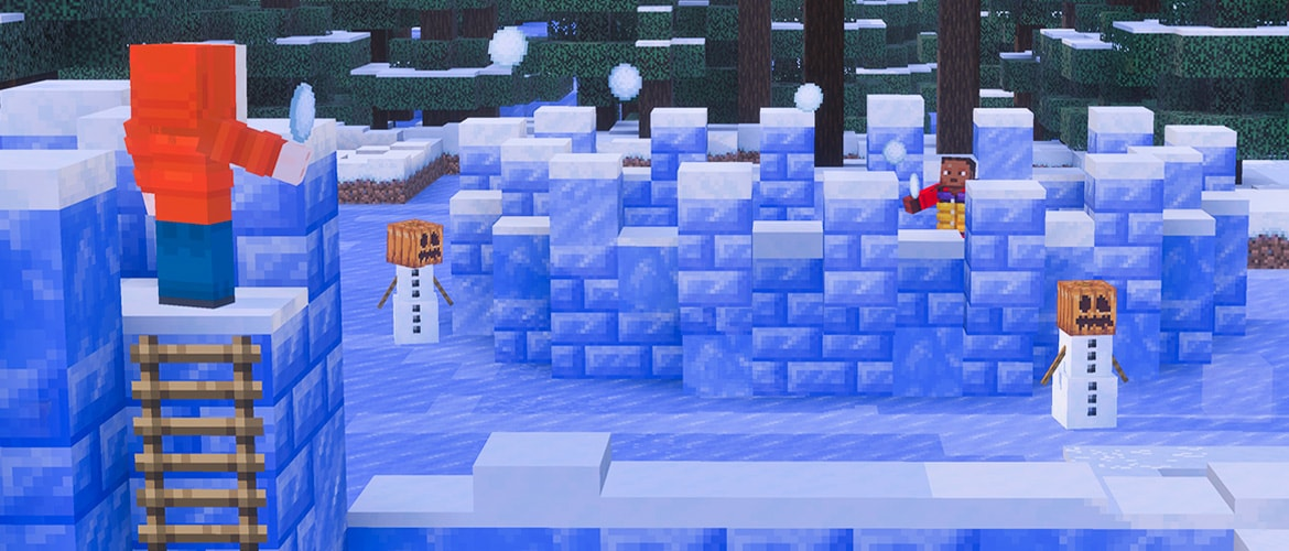 An Icy Minecraft scene featuring players throwing snow balls from a structure made with packed ice bricks
