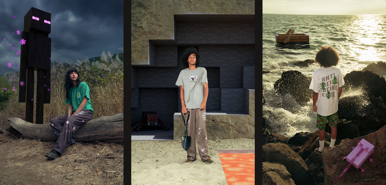 Three photos of various items from the Anti Social Social Club x Minecraft collection, with elements from Minecraft.