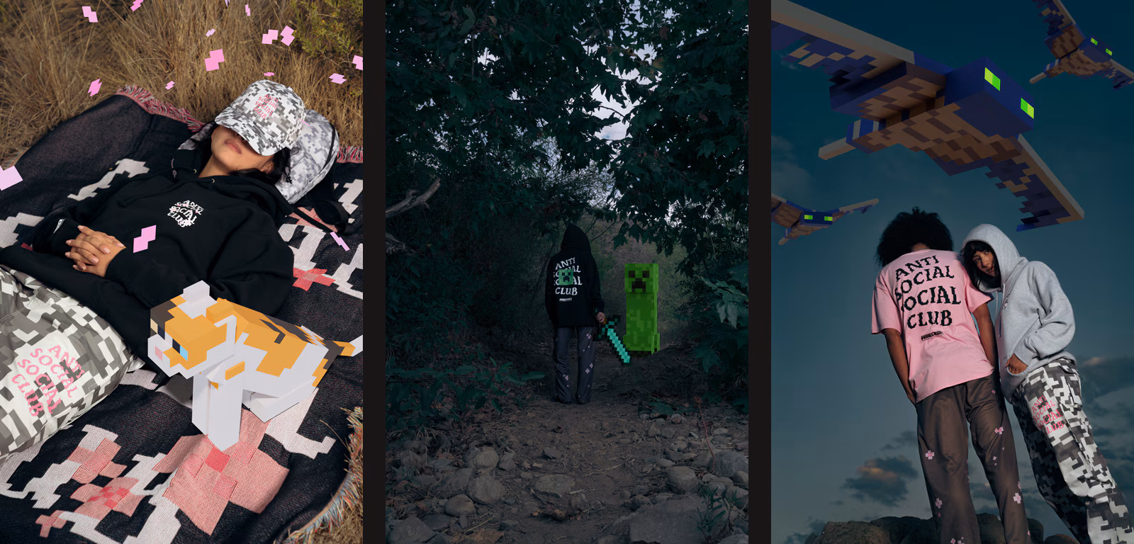 Three photos of various items from the Anti Social Social Club x Minecraft collection, with elements from Minecraft.