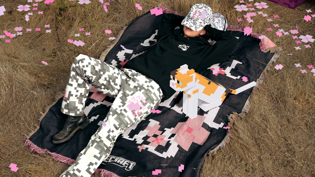 A photo of various items from the Anti Social Social Club x Minecraft collection, with elements from Minecraft.