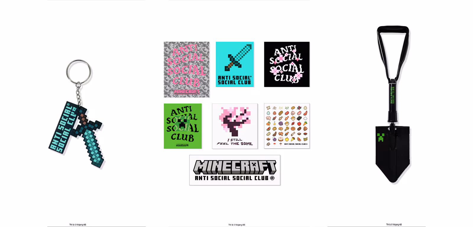 An image of the Anti Social Social Club x Minecraft keychain, sticker pack, and shovel
