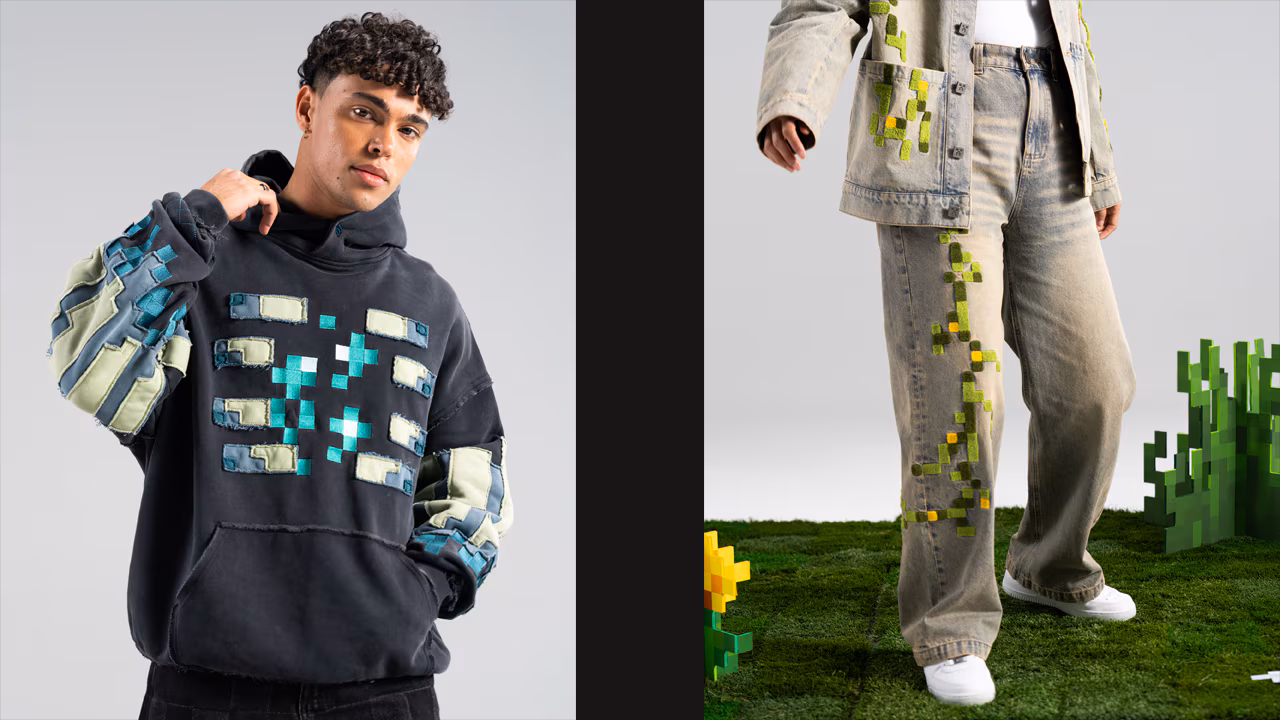 A photo of a model wearing the Warden hoodie and a second photo of the Iron Golem pants