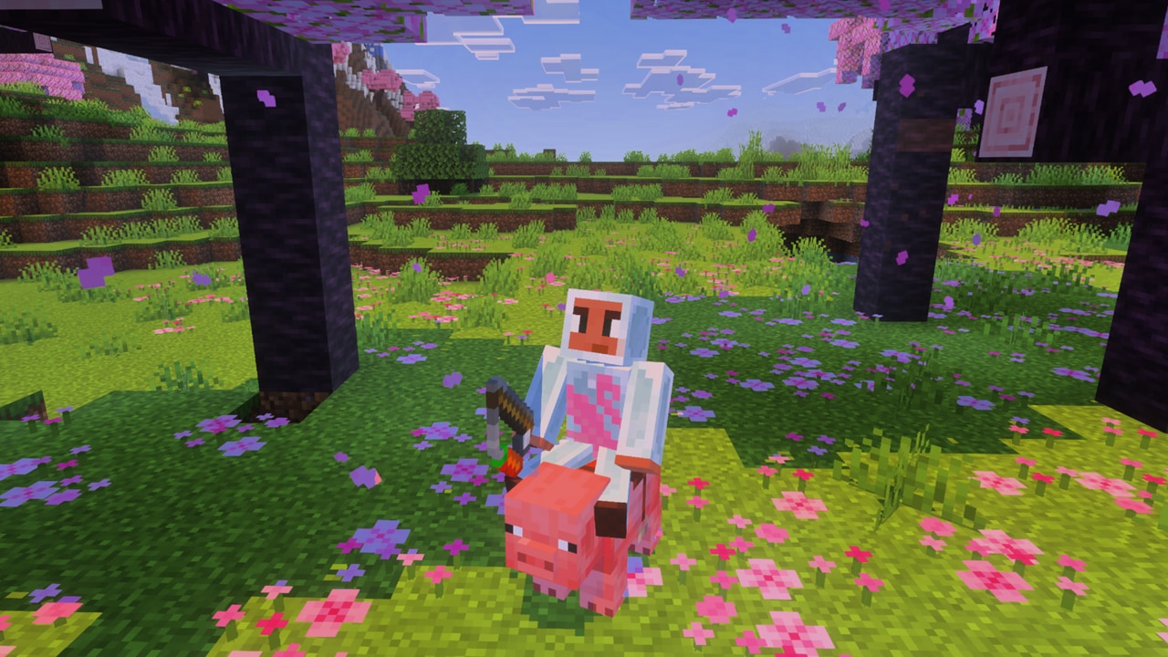 A screenshot of a Minecraft player character riding a pig and wearing the Crystal Suit
