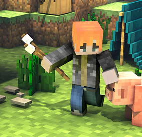 Image from Minecraft of a light red haired person wearing a black coat and jeans standing in a grassy meadow, petting a ping pig, holding a stick with marshmallows at the other end. 