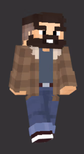Image of a bearded male character against a dark background wearing a brown plaid flannel-esque top with jeans. 