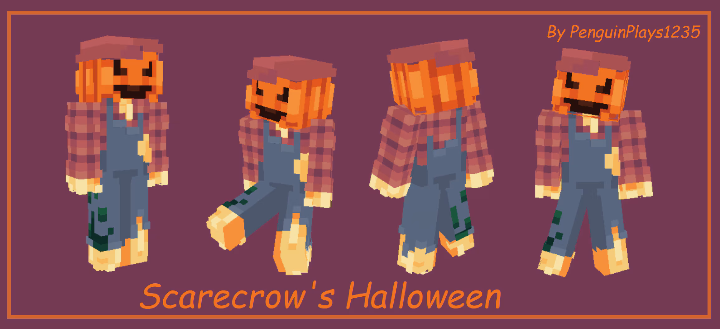 Image of a Minecraft character wearing a costume skin with a jack-o-lantern head wearing red and purple flannel shirt and blue jean overalls