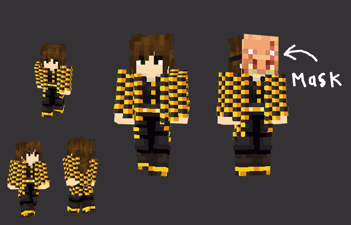 Image of a character in Minecraft wearing a yellow and black plaid flannel top, black pants, and black and yellow shoes. A second image of that person to the right is wearing a piglin mask. 