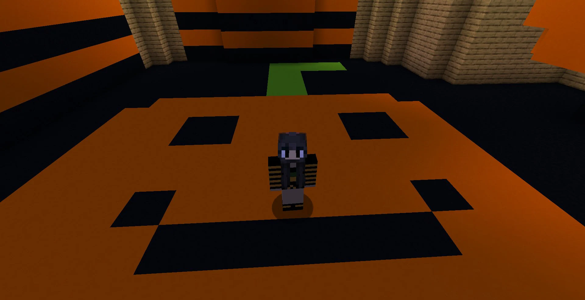 Image of a character wearing a striped sweater standing in a room with a floor that looks like a jack-o-lantern.