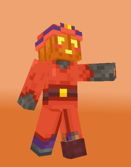 Image of a character in Minecraft with a pumpkin for a head dressed like a witch in their red and purple outfit.