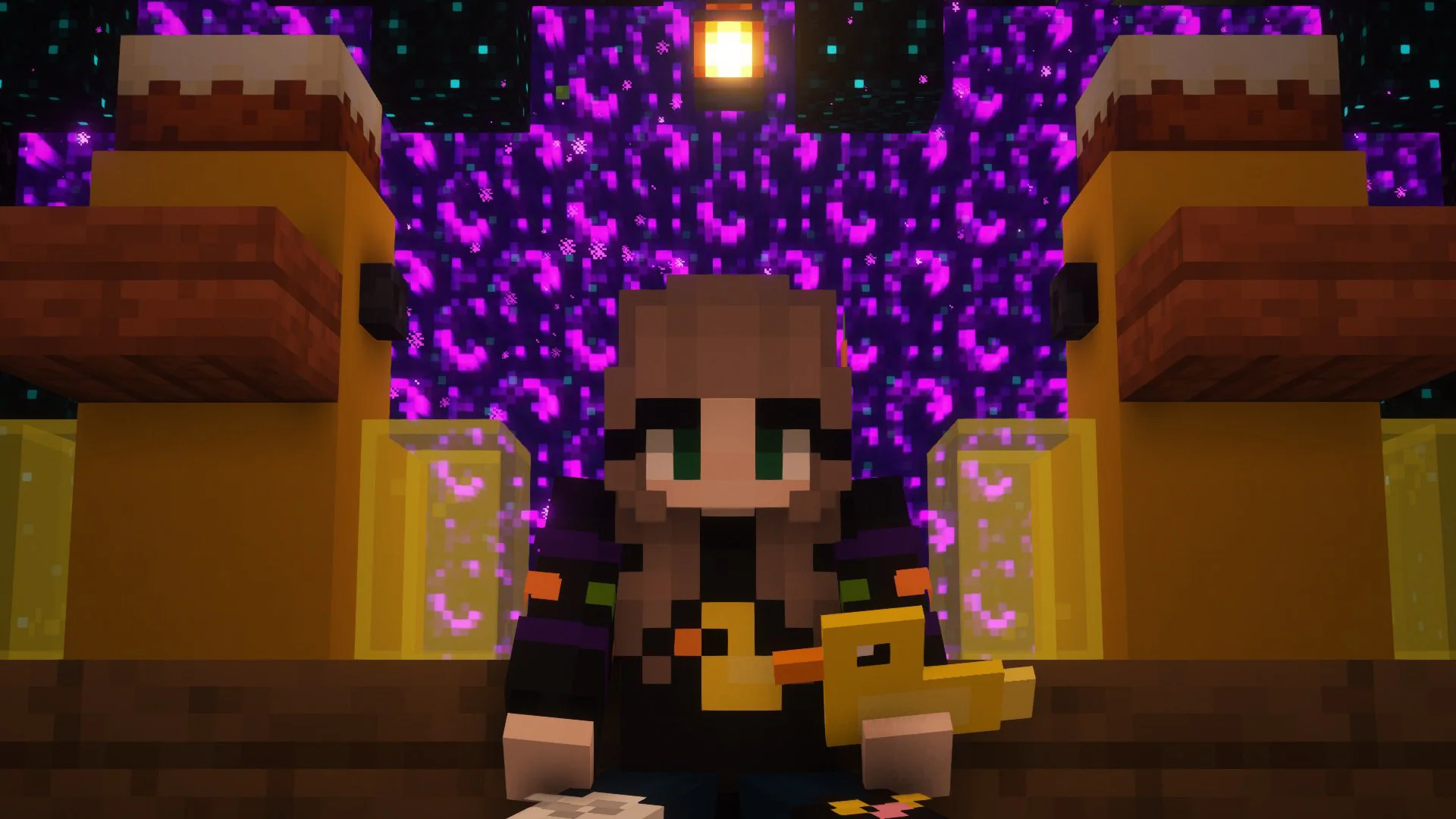 Image of a Minecraft character with long brown hair sitting down wearing a black sweater with a duck on the front surrounded by two large ducks with a cake atop their heads, and a purple nether portal behind in the background