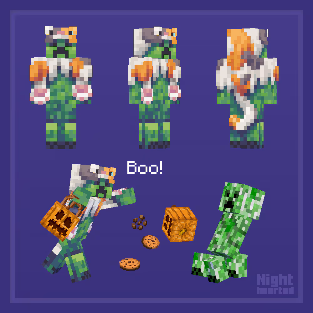 Image of a Minecraft character wearing a creeper skin that is wearing a grey and orange tabby cat halloween costume