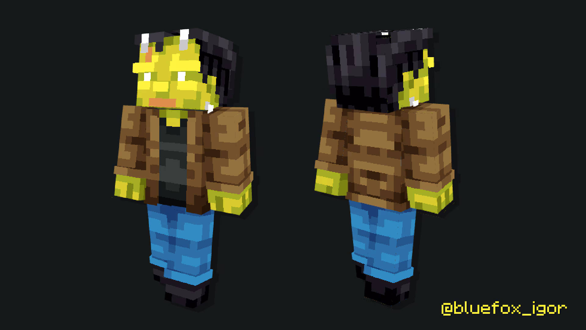 Image of a Minecraft character wearing a Frankenstein's monster skin, complete with green skin, the bolts on the forehead, a brown jacket, and blue jeans.