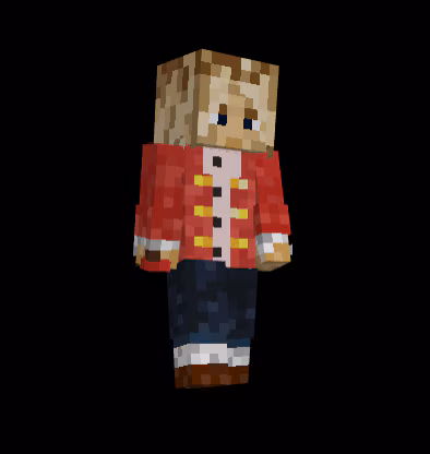 Image of a Minecraft character stylized to look like Sir Isaac Newton, with lighter hair, a red button up coat, and dark pants. 