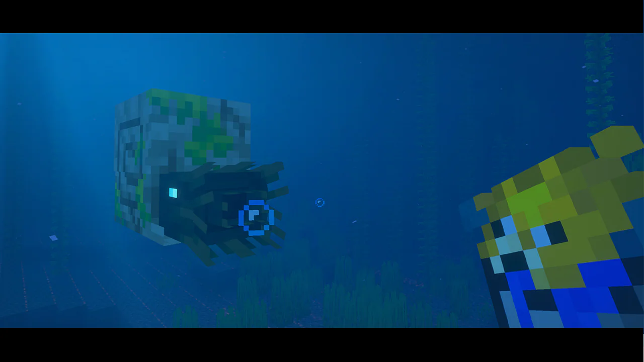 A nautilus in the ocean, its spiked body covered in mossy patterns and glowing blue eye.