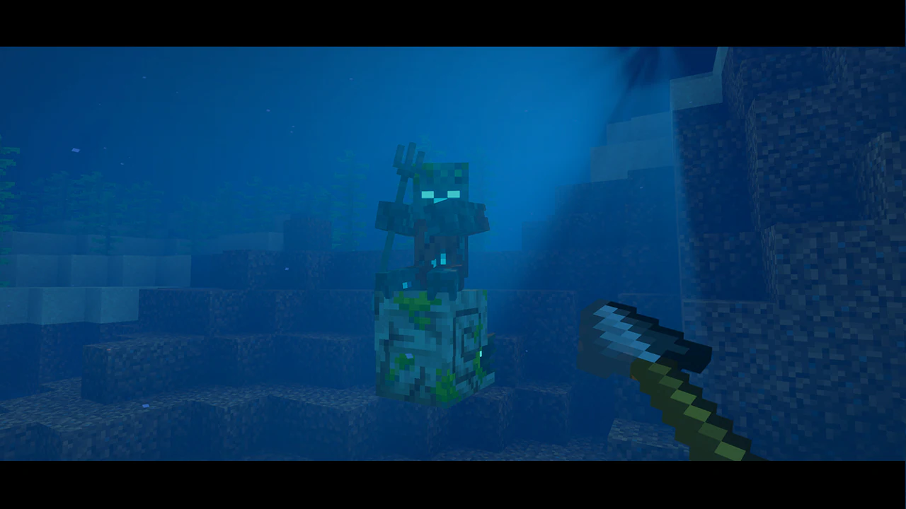 A Minecraft Drowned mob stands on a nautilus underwater, gripping a trident. In the foreground, a pixelated spear is held, aimed toward the mob amid the deep blue ocean terrain.