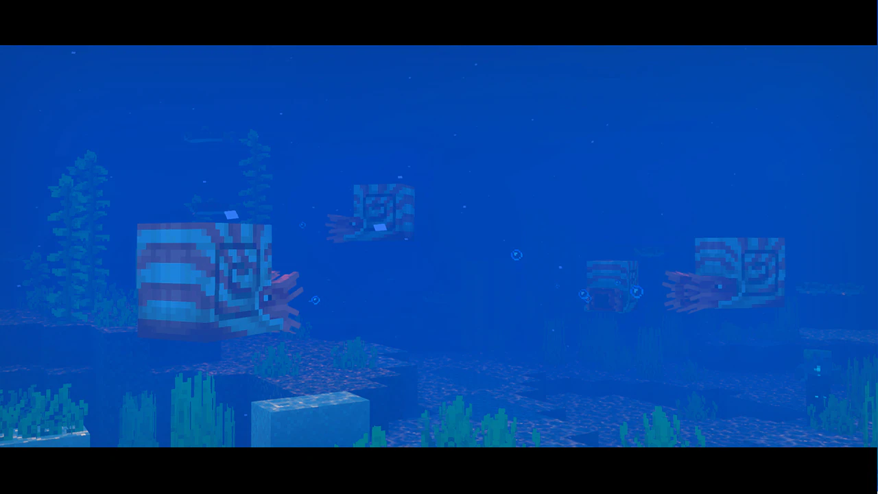 Several Minecraft nautilus-like mobs with striped shells and tentacle-like limbs swim through a deep blue ocean, surrounded by sea plants and bubbles.