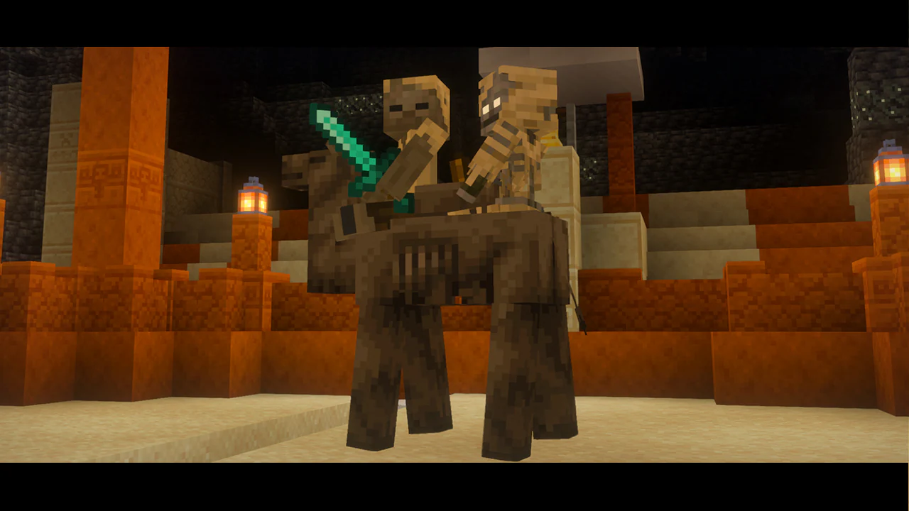 Two husks ride a brown horse in a sandstone arena, one holding a glowing diamond sword. Orange lanterns and tiered steps create a dramatic, battle-ready setting.