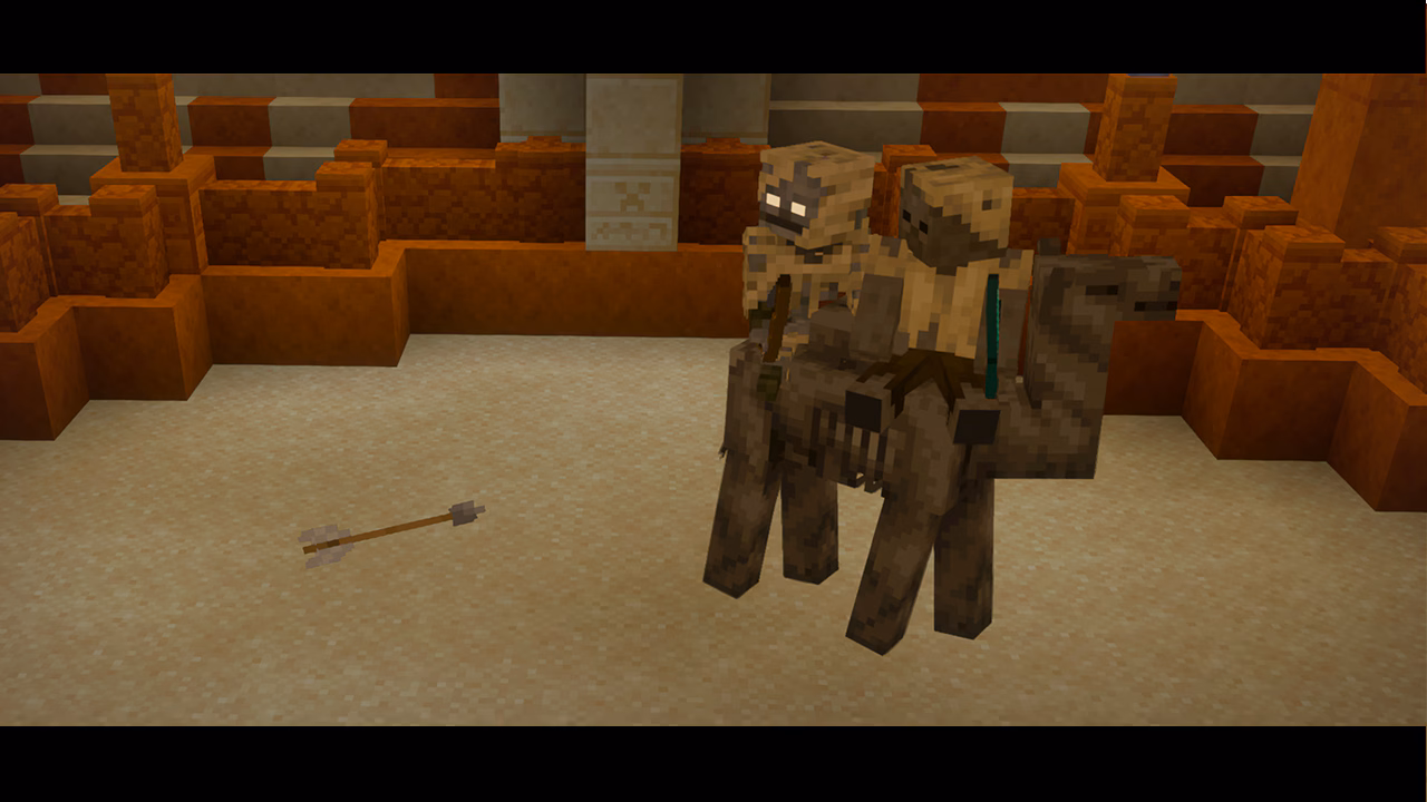 Two husks ride a brown horse in a sandstone arena, one holding a green sword. An arrow lies on the ground as orange walls frame the battle scene.