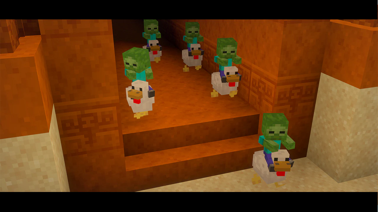 Six baby zombies riding chickens walking down orange sandstone steps inside a desert temple structure