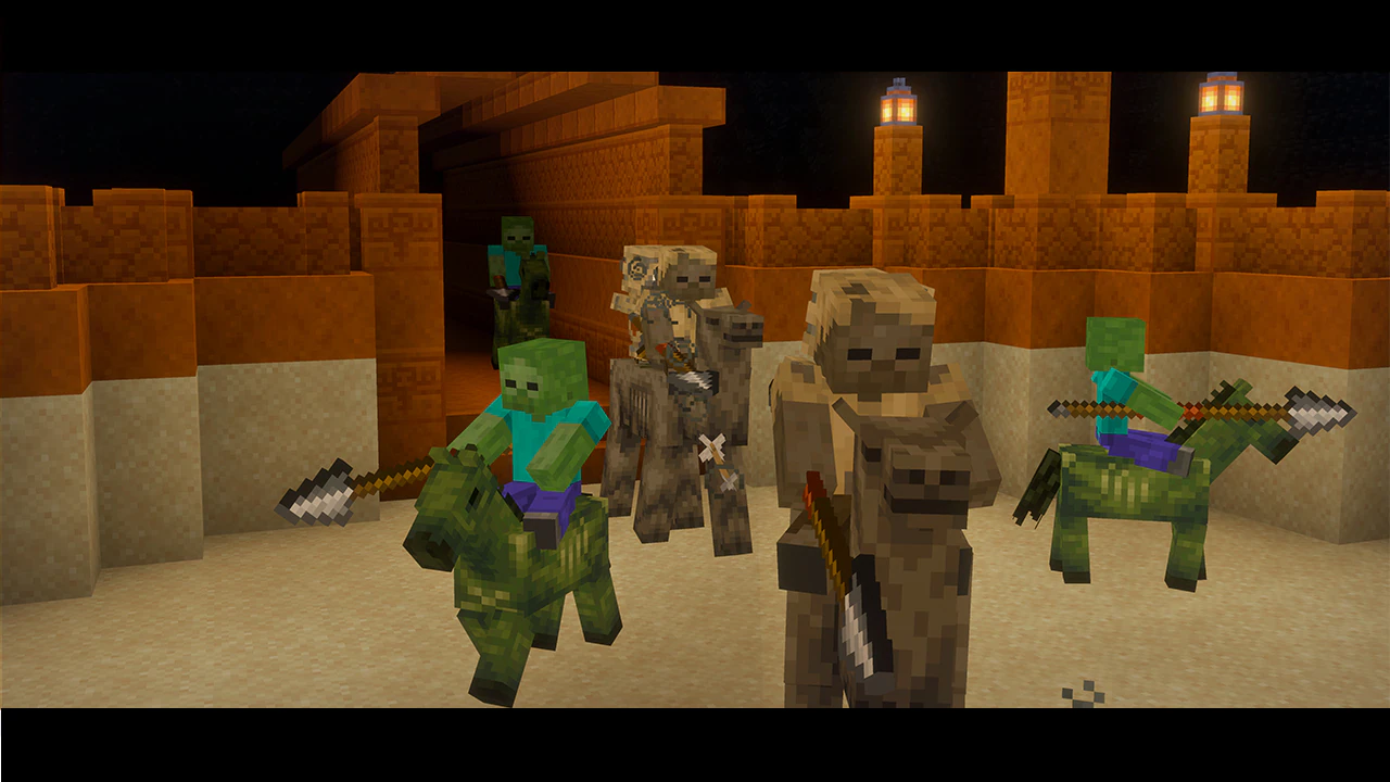 Group of Minecraft mobs riding mounts in a desert temple courtyard: two zombies on green horses and three husks on brown horses, all holding spears, with orange sandstone walls and lit lanterns in the background