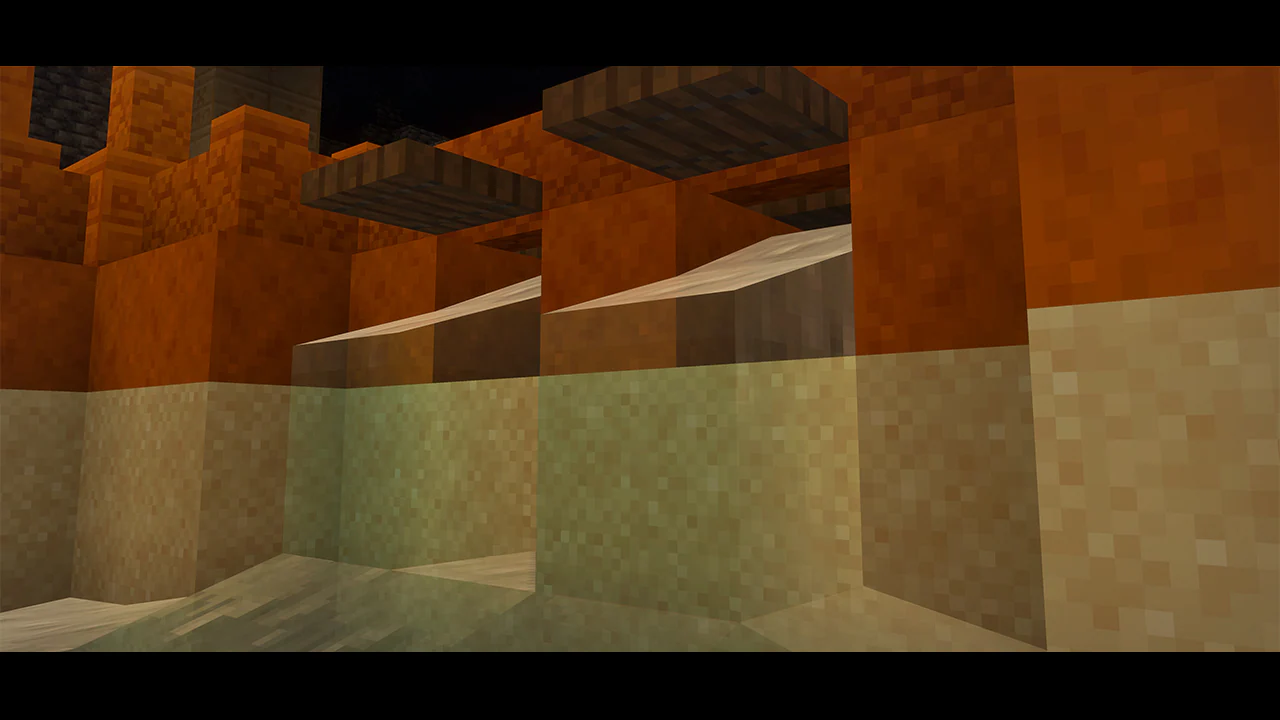 Minecraft desert temple wall with three wooden trapdoors above slanted sand blocks partially submerged in water