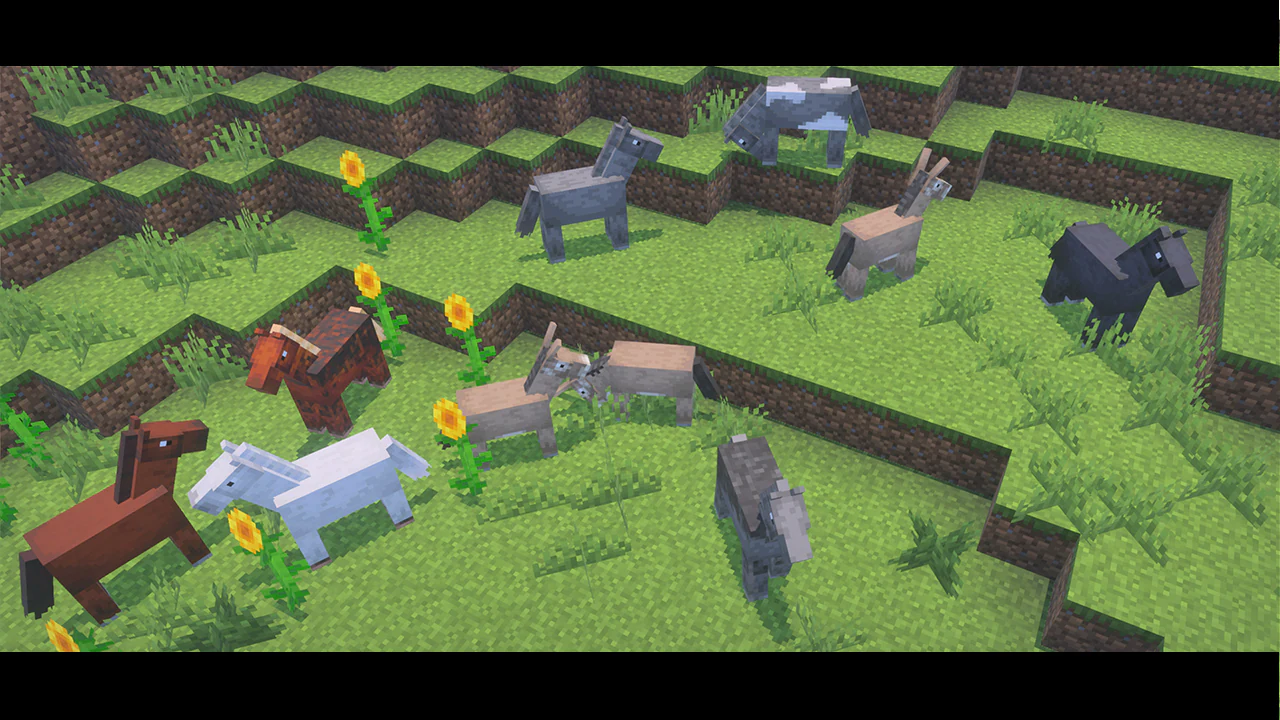 A screenshot featuring several horses and donkeys