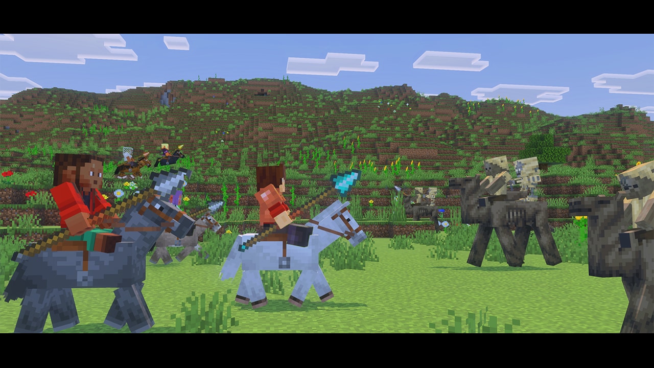 A screenshot of several mounted players facing off against several camel husks with hostile riders