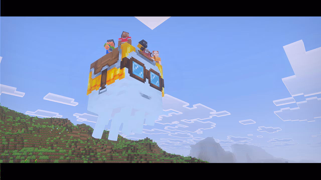 A screenshot of several players riding a happy ghast