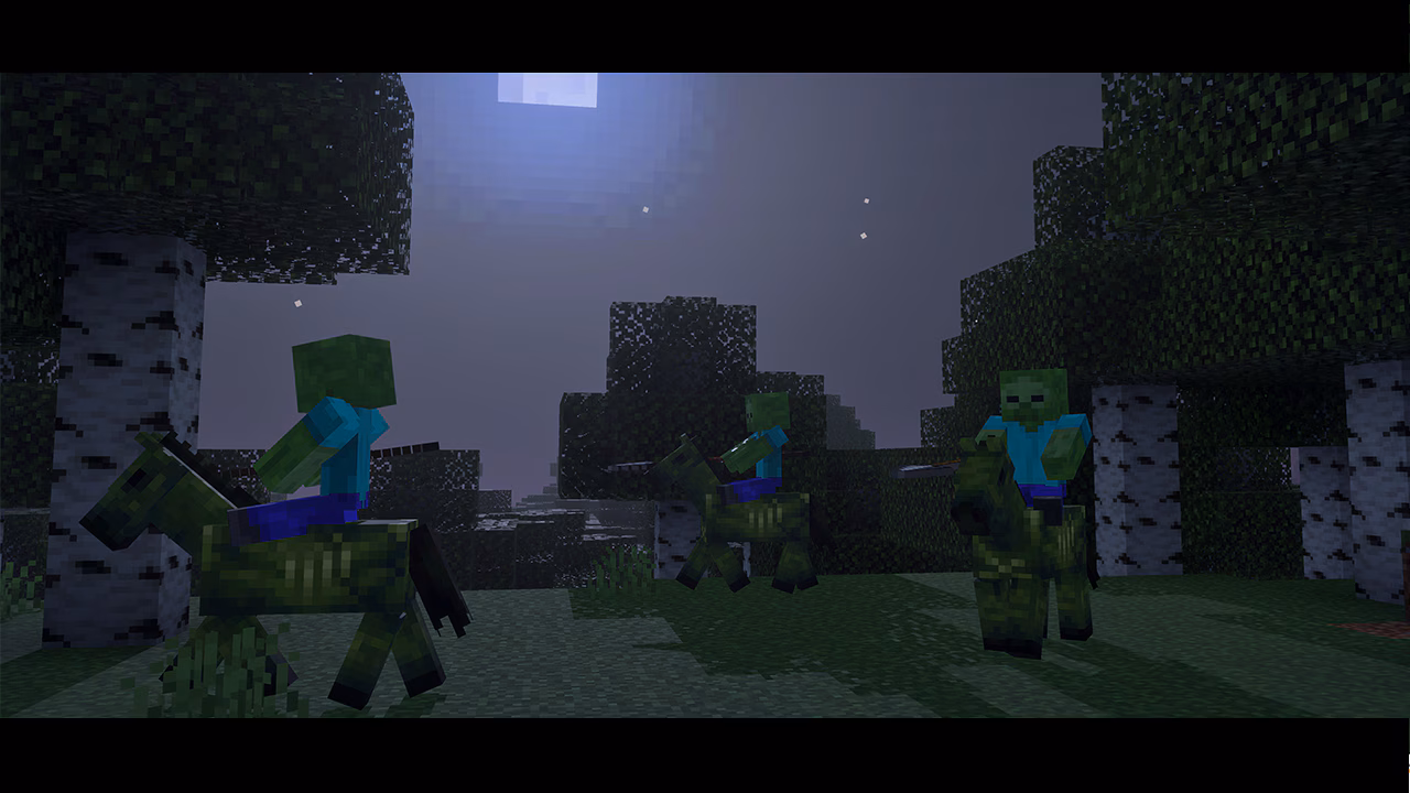 Three zombies riding green zombie horses in a dark forest at night with birch trees and moonlight in the background