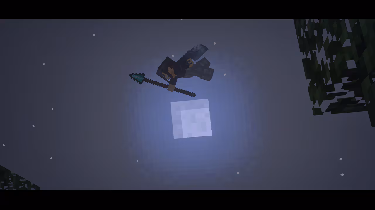 Minecraft player in dark armor flying under a night sky while holding a glowing teal spear with the moon shining brightly below