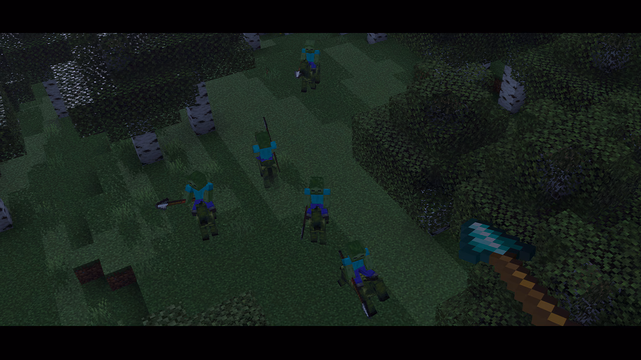 Top-down view of a dark forest at night showing five zombies riding green zombie horses holding spears, with a glowing teal spear visible in the foreground
