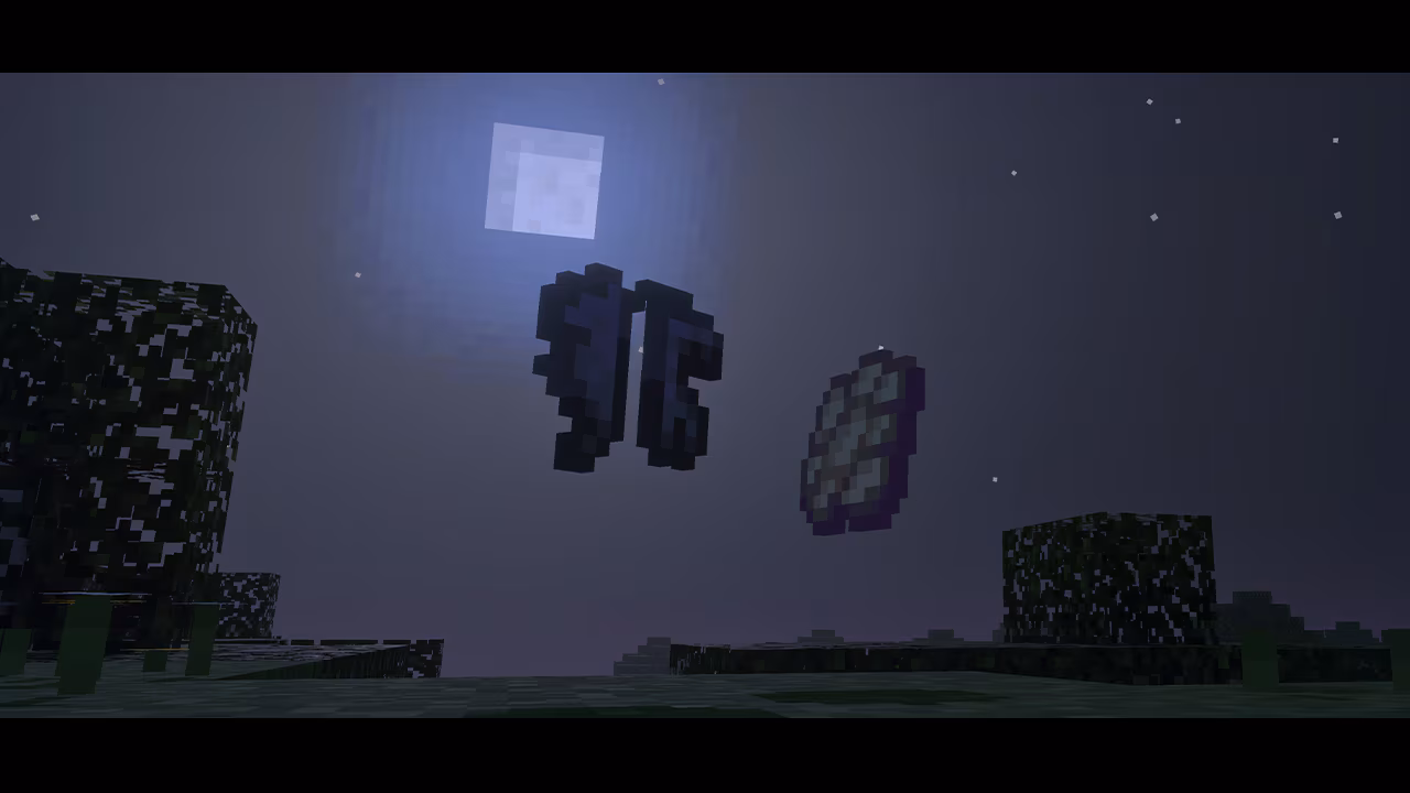 Two broken Minecraft elytra wings and a shattered item floating in the night sky under a bright moon with dark trees in the foreground