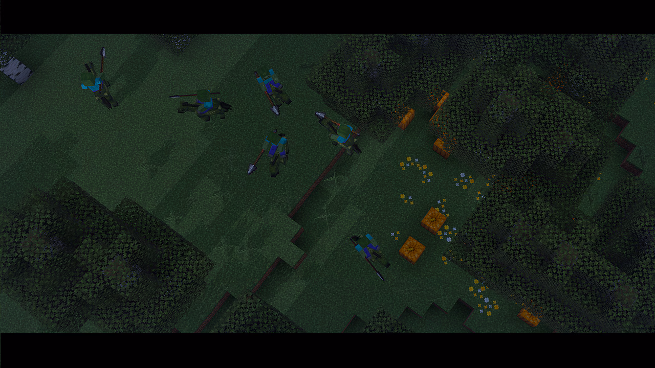 Top-down view of a dark forest at night showing seven zombies riding green zombie horses holding spears, with scattered pumpkins and yellow flowers near the trees