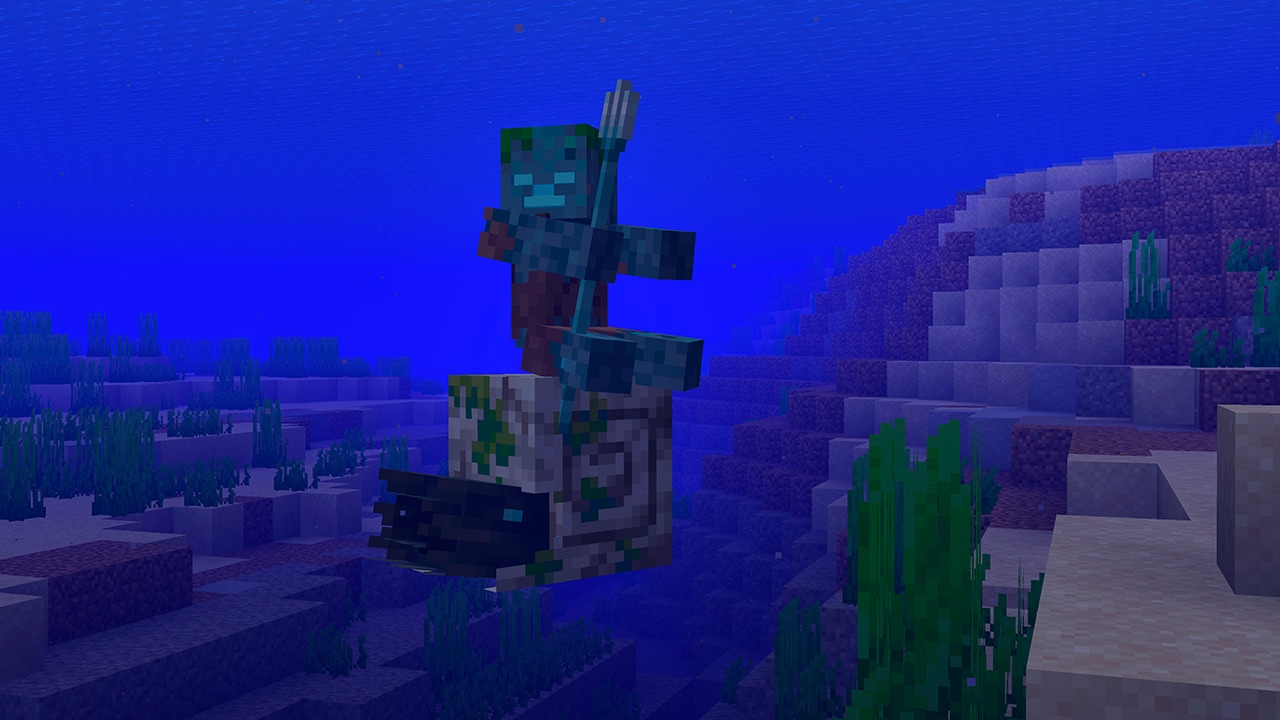 A screenshot of a drowned riding a zombie nautilus