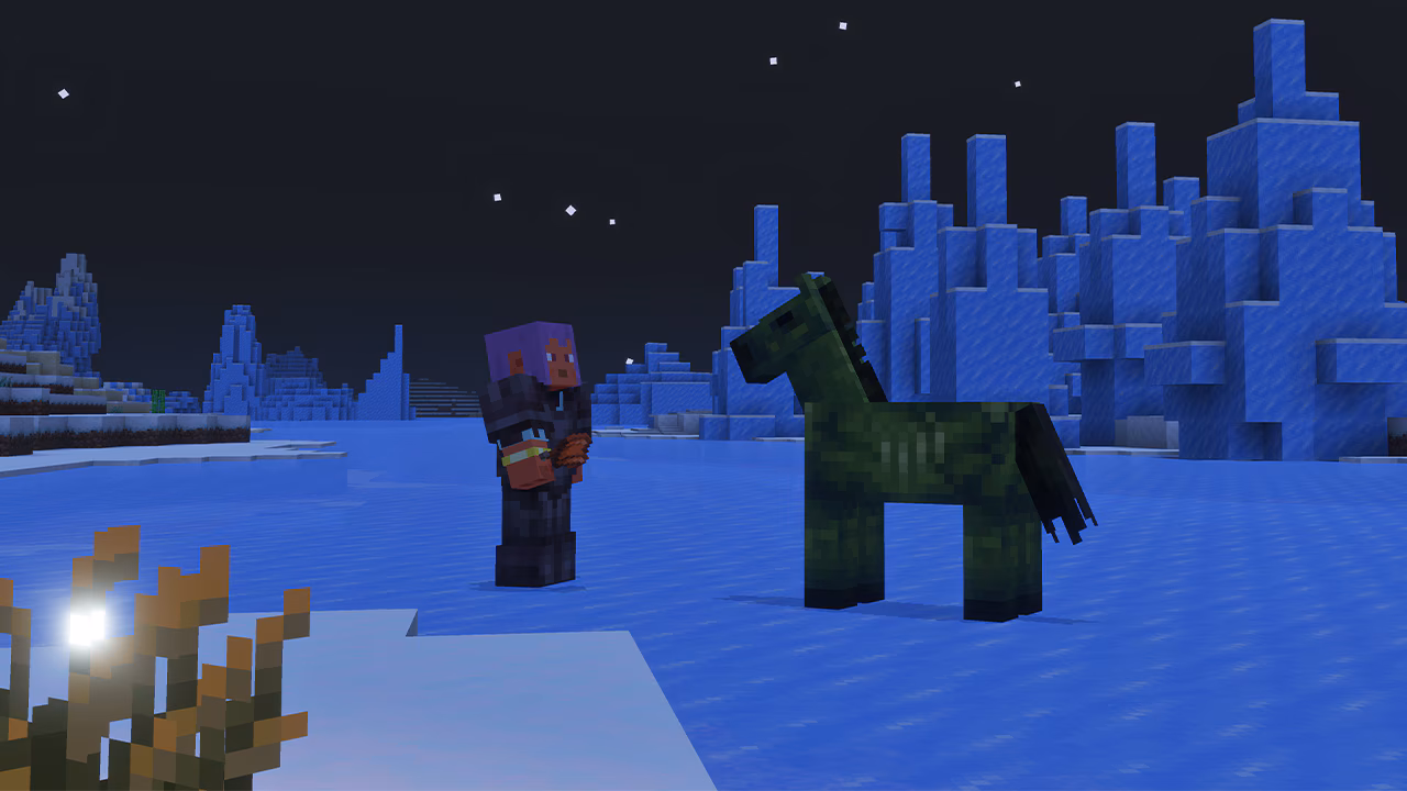 This is a screenshot of a player and a zombie horse in an icy biome