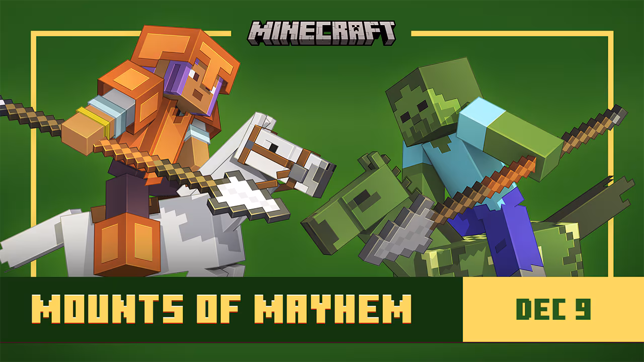 This image shows a player riding a white horse and carrying a spear facing off against a zombie on a zombie horse. Below the text reads "Mounts of Mayhem December 9"