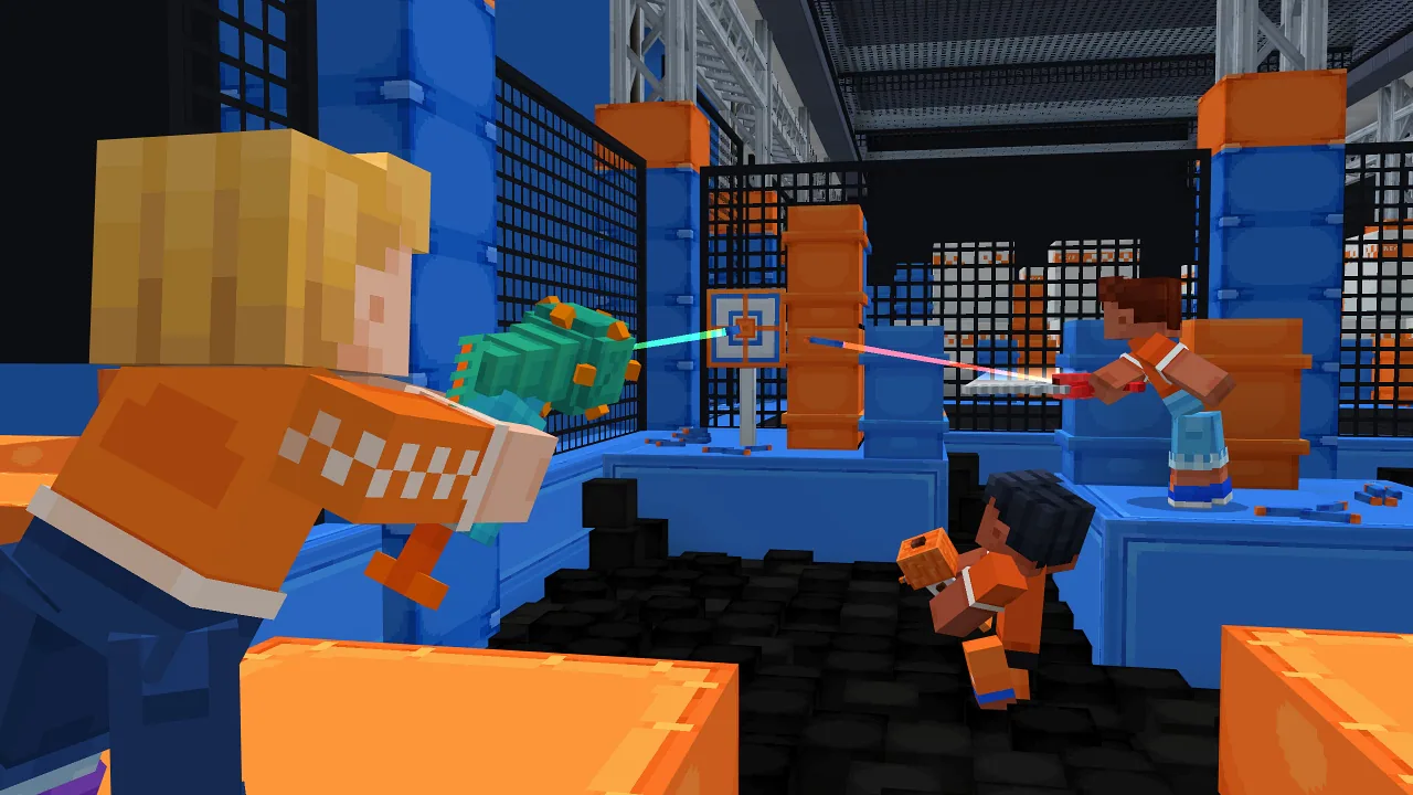 A screenshot of three players blasting a target in the practice area