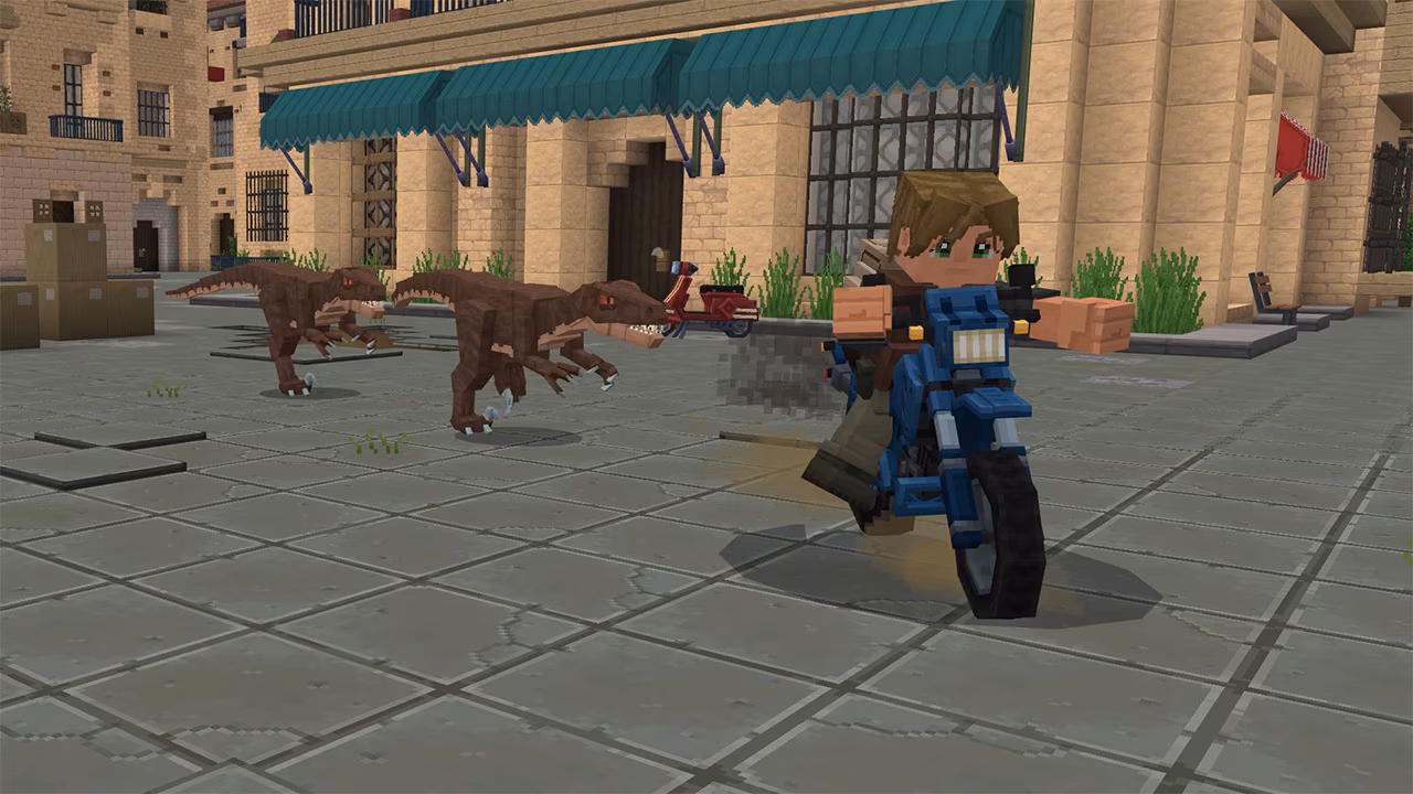 Two dinosaurs chasing a player on a motorcycle