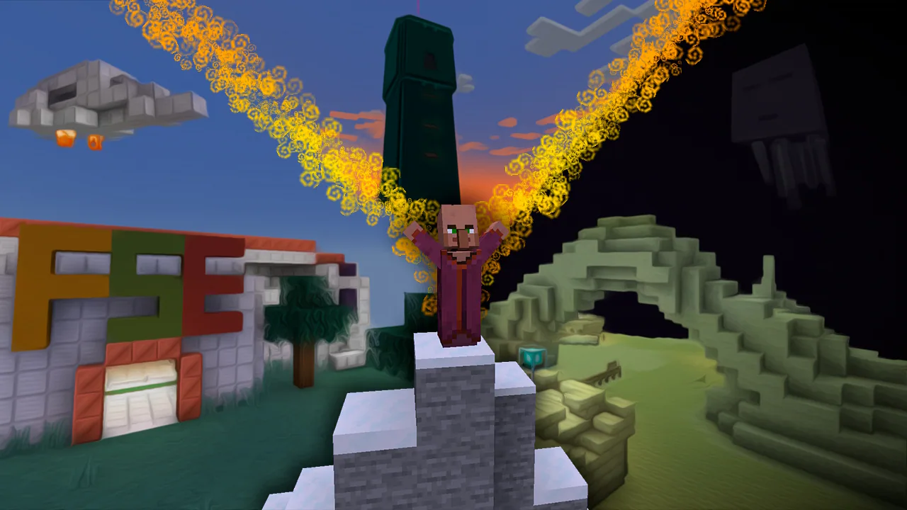 A villager casting magic, which splits the screen in three layers that depict different locations.