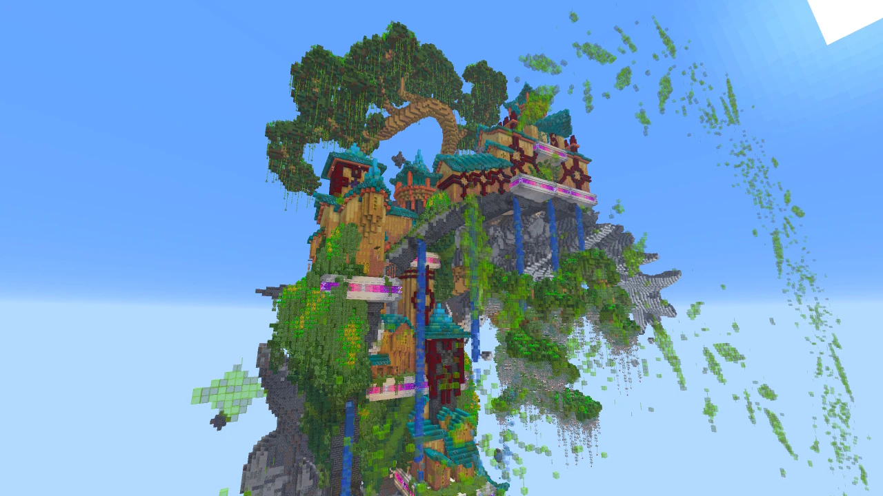 A village positioned on a tall mountain from which a giant tree grows.
