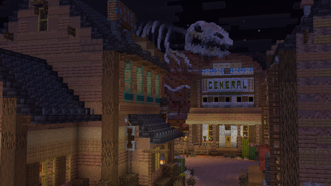 A screenshot of a cowboy themed town with a skeleton of a dinosaur resting on top of one of the buildings.